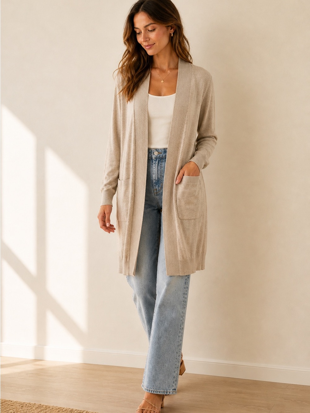 Maison de Papillon Silk Cashmere Open Front Cardigan Beige Pockets Size S